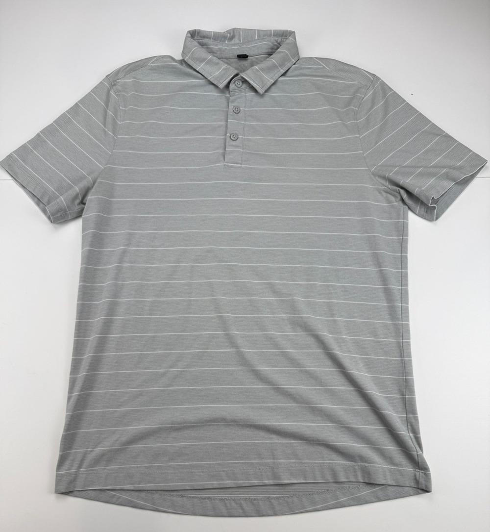 Lululemon Mens L Gray White Striped Polo Shirt Short Sleeve Golf Performance